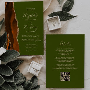 Verbrannte Orange Achat Olivgrüne QR-Code-Hochzeit Einladung