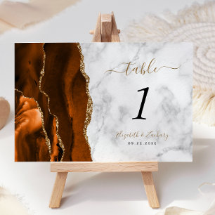 Verbrannte Orange-Gold-Achat-Marmor-Hochzeit Tischnummer