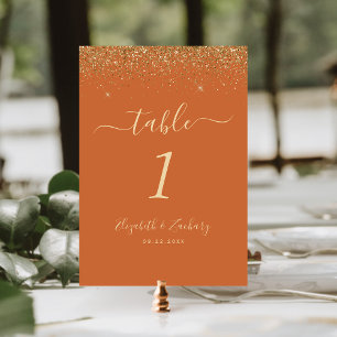 Verbrannte Orange Gold Glitter Rand Hochzeit Tischnummer