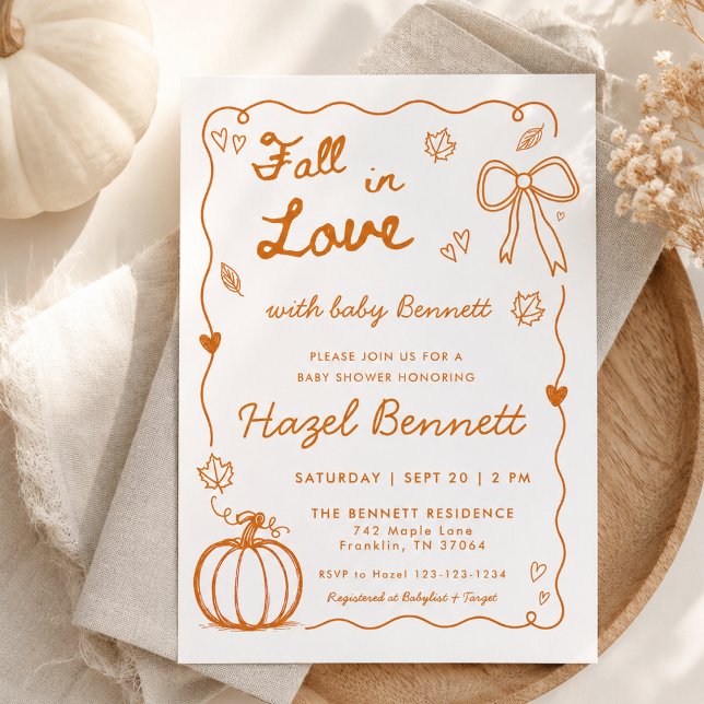 Verbrannte Orange Handgezeichnete Fall In Love Bab Einladung (Von Creator hochgeladen)