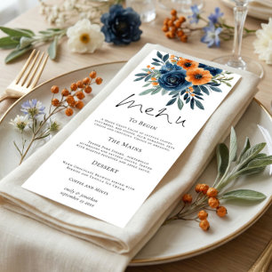 Verbrannte Orange Marineblaue Blumen Hochzeit Menükarte
