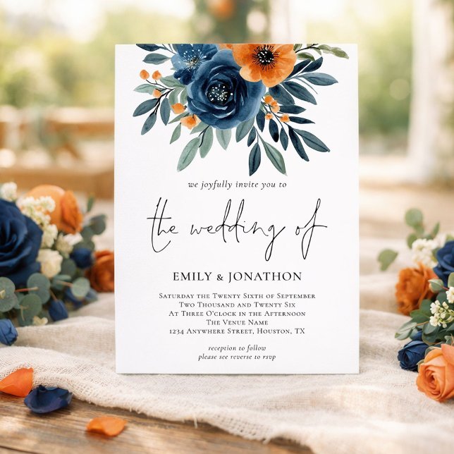 Verbrannte Orange-Navy-Blumen QR-Code-Hochzeit Einladung (Von Creator hochgeladen)