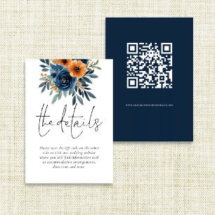 Verbrannte Orange-Navy-Blumen QR-Code-Hochzeitsdet Begleitkarte