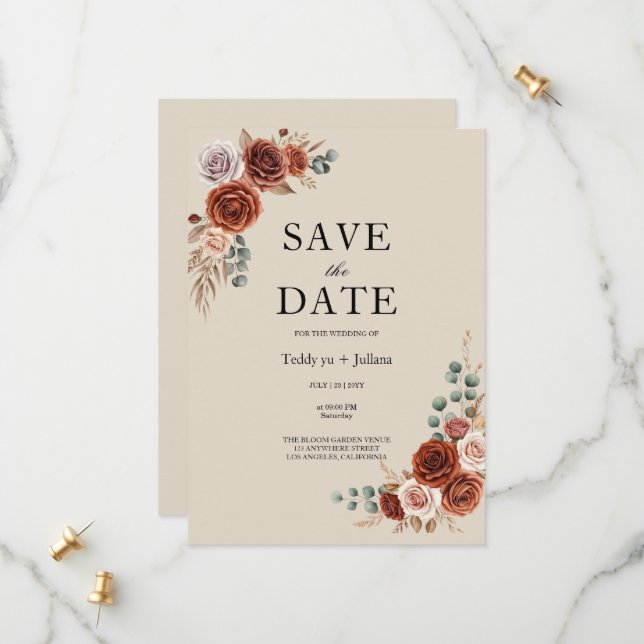 Verbrannte Orange Rose und Pampasgras Save the Dat Date (Vorderseite/Rückseite Beispiel)