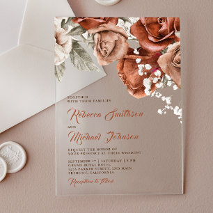Verbrannte Orange Rosen Terrakotta Blumen Hochzeit Acryleinladungen