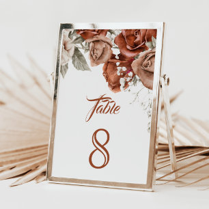Verbrannte Orange Rosen Terrakotta Blumen Hochzeit Tischnummer