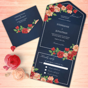 Verbrannte Orange Rote Rose Floral Navy Blau Wasse All In One Einladung