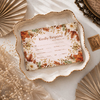 Verbrannte Orange Rustikale Herbstblätter Hochzeit RSVP Karte