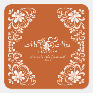 Verbrannte Orange Shabby Chic Mr & Mrs Hochzeitsau Quadratischer Aufkleber