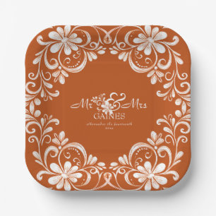 Verbrannte Orange Shabby Chic Mr & Mrs Hochzeitspl Pappteller