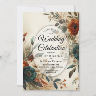 Verbrannte Orange- und Blaue Herbstblumen-Hochzeit Einladung