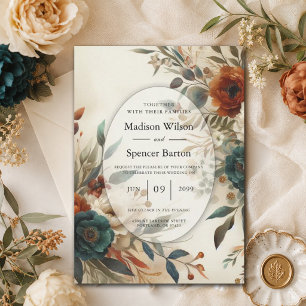 Verbrannte Orange- und Blaue Herbstblumen-Hochzeit Einladung