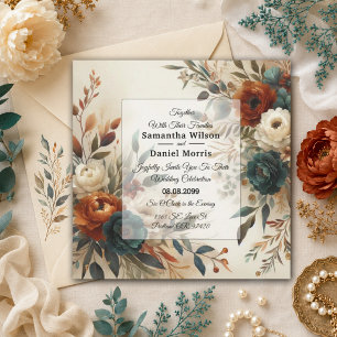 Verbrannte Orange- und Blaue Herbstblumen-Hochzeit Einladung