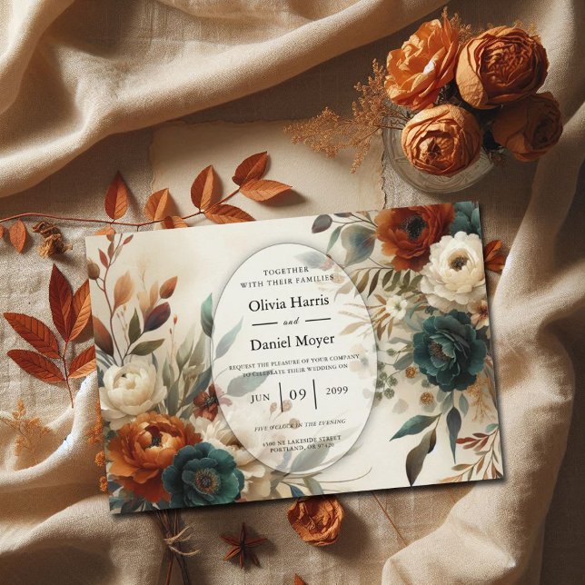 Verbrannte Orange- und Blaue Herbstblumen-Hochzeit Einladung (Von Creator hochgeladen)