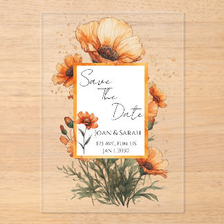 Verbrannte orangefarbene Blumen Hochzeitseinladung Acryleinladungen