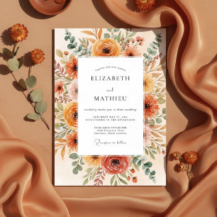Verbrannte Orangefarbene Blumenmalerei-Hochzeit Einladung
