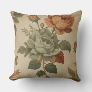 Verbrannter Orange-Sage-Grün Vintage-Blumenmuster Kissen