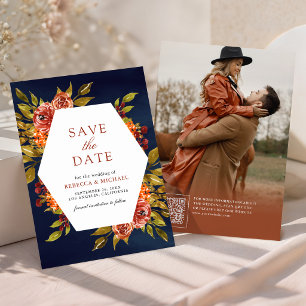 Verbranntes Orange Blumiges Herbst Hochzeit Navy B Save The Date