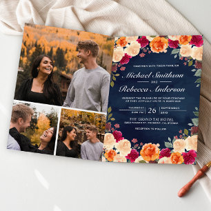 Verbranntes Orange Burgund Florales Navy QR-Code H Einladung