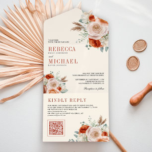 Verbranntes Orange Elfenbein Floral QR-Code Hochze All In One Einladung