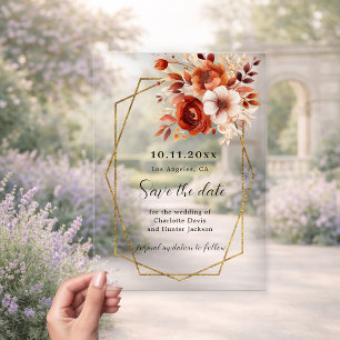 Verbranntes Orange Florales Hochzeit Save the Date Acryleinladungen