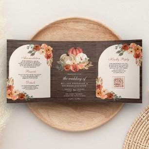Verbranntes Orange Florales Kürbis-QR-Code Holzhoc Dreifach Gefaltete Einladung