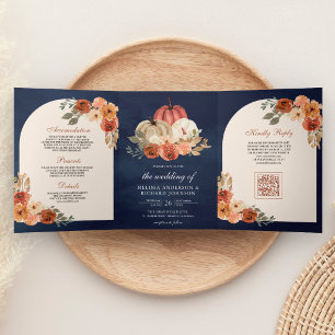Verbranntes Orange Florales Kürbis-QR-Code Navy-Ho Dreifach Gefaltete Einladung