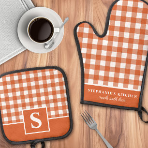 Verbranntes Orange Gingham Karo Kariert Monogrammi Ofenhandschuh & Topflappen-Set