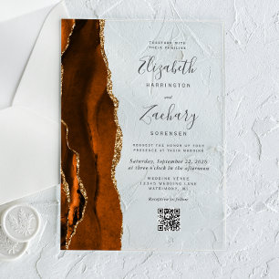 Verbranntes Orange-Gold-Achat-QR-Code-Hochzeit Acryleinladungen