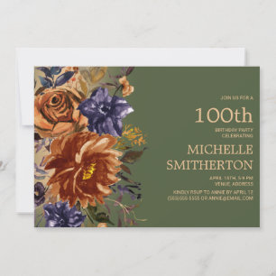 Verbranntes Orange-Rost-Blau-Blumen-Grün 100. Gebu Einladung