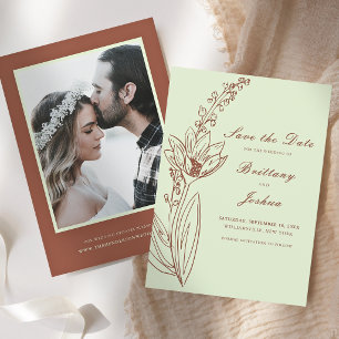 Verbranntes Orange-Rost-Boho-Wildblumen-Foto-Hochz Save The Date