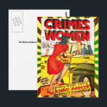 Verbrechen von Frauen #1 Goldenes Comic Buchdecke Postkarte<br><div class="desc">Dies ist das Cover eines Comic aus dem Goldenen Zeitalter,  "Crimes by Women #1",  mit einem Cartoon Bonnie Parker,  der einen Mann mit Schusswaffe raubt. © Copyright 2021 P.D.,  Vintages Comic Art. Alle Rechte vorbehalten.</div>