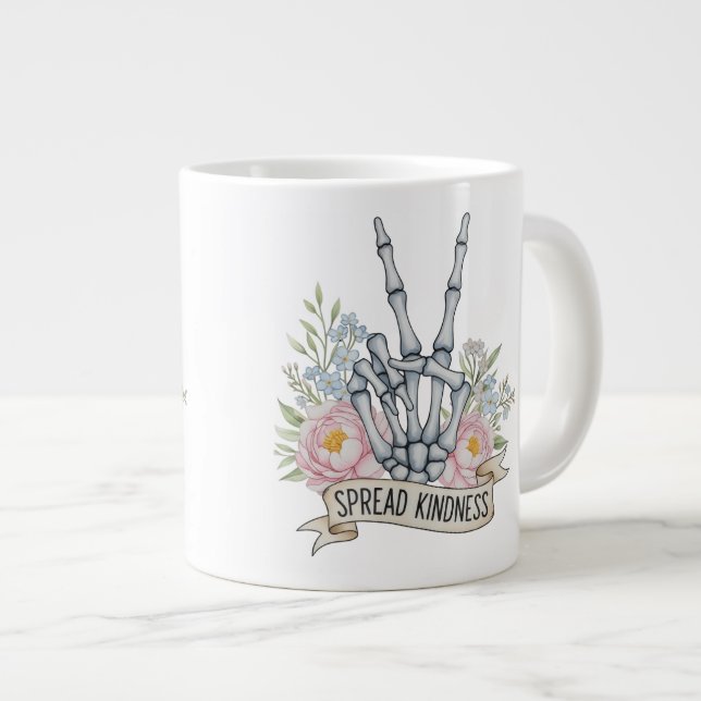 "Verbreite Freundlichkeit" Skelett-Friedenszeichen Jumbo-Tasse (Vorderseite Rechts)