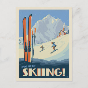 Verbringen Sie den Tag mit Vintage-Skiing Postkarte