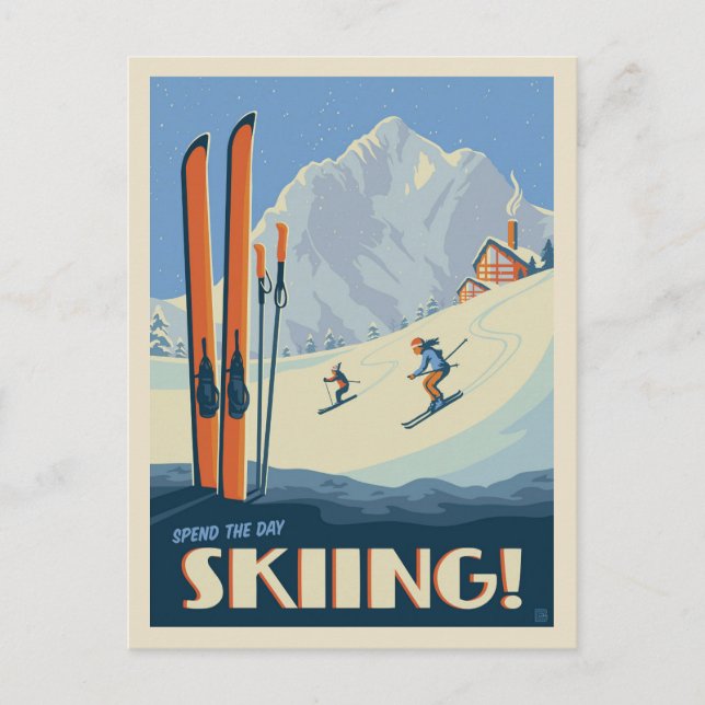 Verbringen Sie den Tag Ski Vintag Postkarte (Vorderseite)