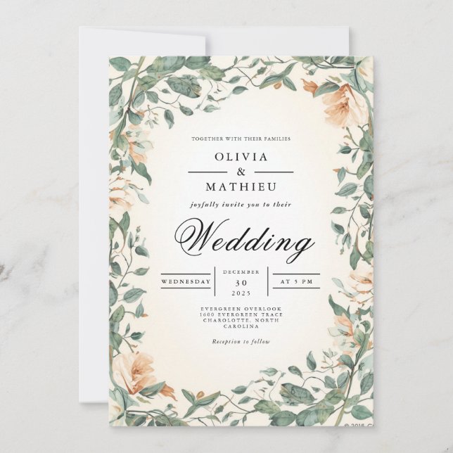 Verdant Blossom Romance Wedding Einladung (Vorderseite)