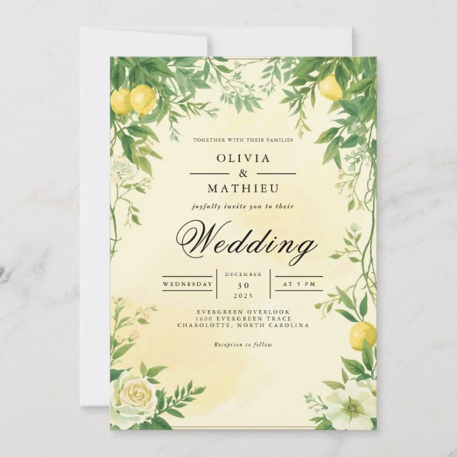 Verdant Citrus Blüh Wedding Einladung (Vorderseite)