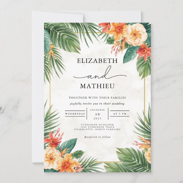 Verdant Floral Arch Tropical Wedding Einladung (Vorderseite)