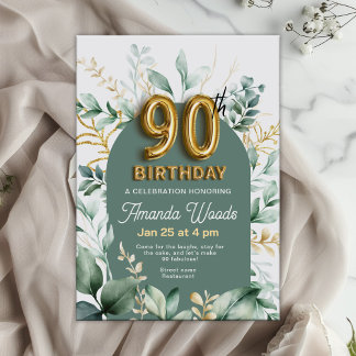 Verdant Floral Gold 90. Geburtstag Einladung
