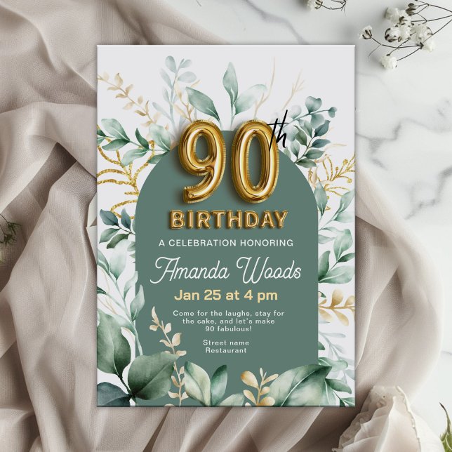 Verdant Floral Gold 90. Geburtstag Einladung (Von Creator hochgeladen)