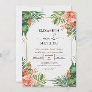 Verdant Palms & Coral Blooms Wedding Einladung