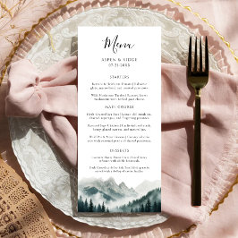 Verdant Peaks Misty Forest Watercolor Wedding Menu Menükarte