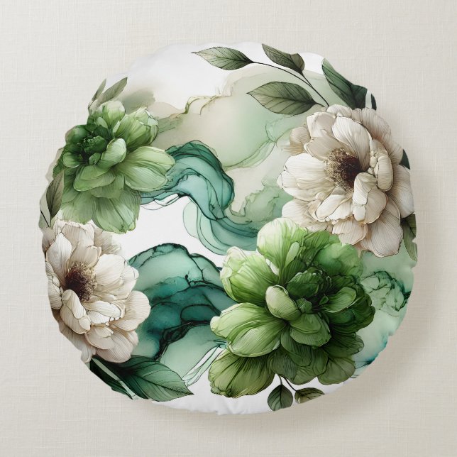 "Verdant Serenity: Abstrakt grüne Blumenkunst" Rundes Kissen (Vorderseite)