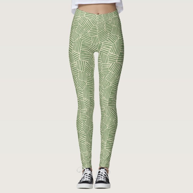 Verdant Woven Lines | Moderne Geometrie des Mittel Leggings (Vorderseite)