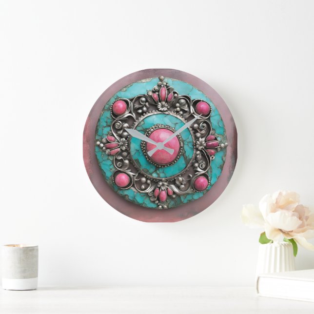 Verdigris and pink pearl metal art große wanduhr (Zuhause)