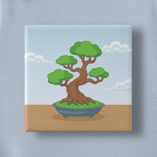 Verdrehter japanischer Bonsai-Baum auf dem Tisch Button