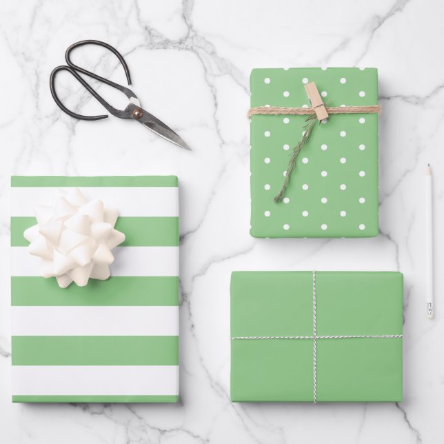 Verdünnte grüne Polka Dot breit gestreift und fest Geschenkpapier Set (Vorderseite)