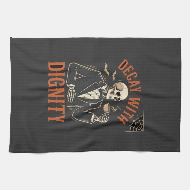 Verfall mit Würde Vintage-Skelett Kaffee Halloween Geschirrtuch (Horizontal)