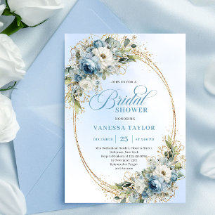 Verfeinert Boho Staubblau Blumen Gold Brautparty Einladung
