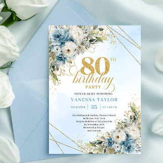 Verfeinert Dusty Blue Floral Gold 80. Geburtstag E Einladung
